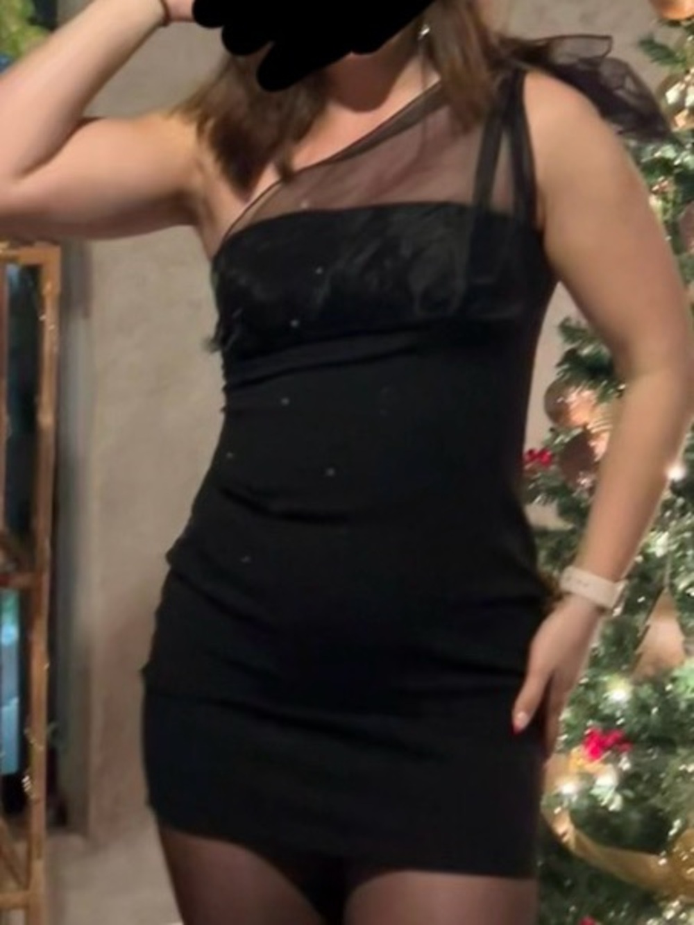 Black One-Shoulder Mesh Bow Mini Dress